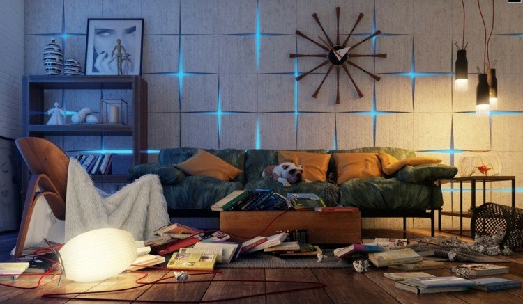 vägg-dekoration-trä-ljus-kolumn-belysning-effektiv-ljus-blå-klocka