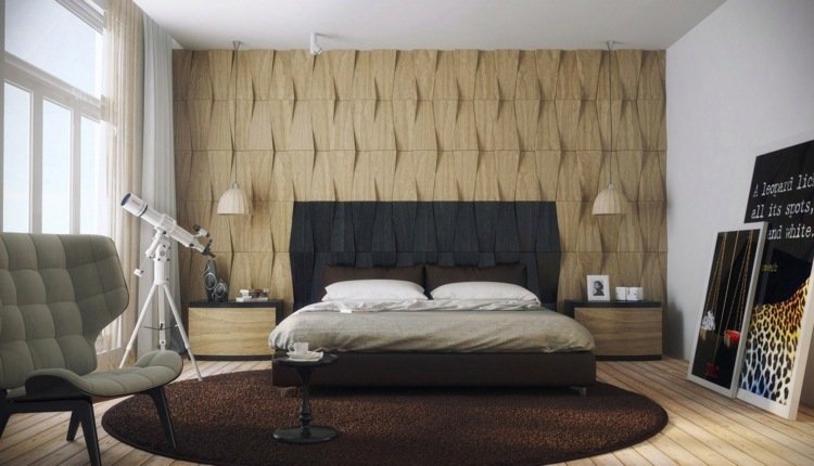 väggdekoration-trä-interiör-sovrum-paneler-3d-look-säng-svart