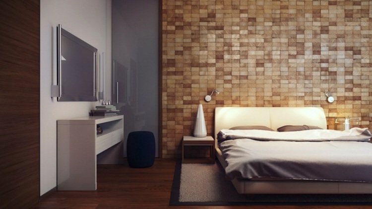 väggdekoration-trä-sänggavel-dekorera-bitar av trä-toalettbord-grå-modern-spegel