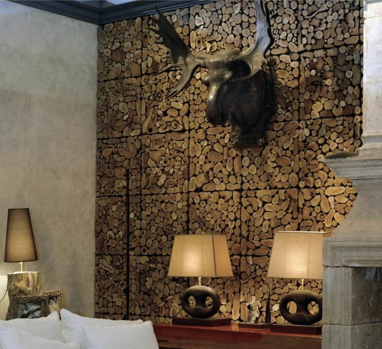 väggdekoration med träpaneler-träskivor-rådjur-dekoration-sovrum-lampor