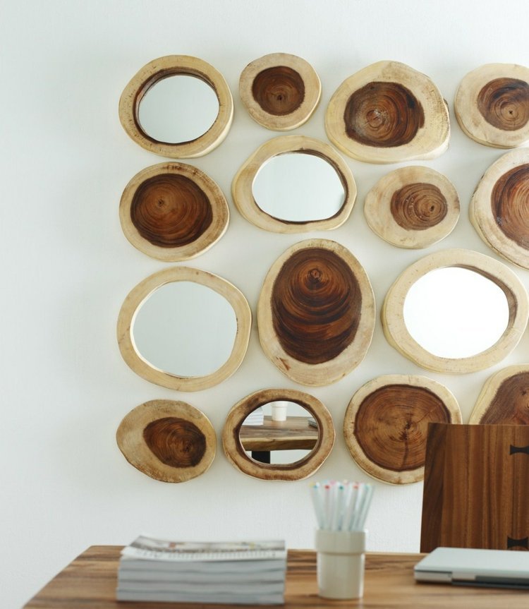 vägg-dekoration-trä-spegel-idé-original-vägg-design-skiva-cirklar