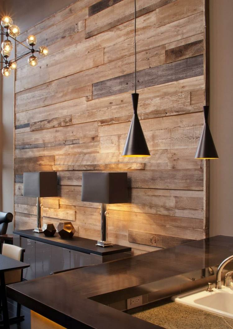väggdekoration-med-trä-gammalt-trä-accent-hängande-lampor-skänk-belysning