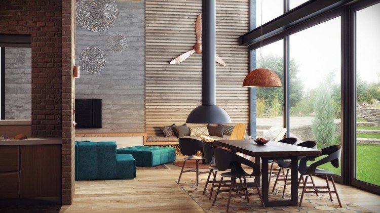 väggdekoration med trä accentremsor-betong utseende-matplats-turkos soffa