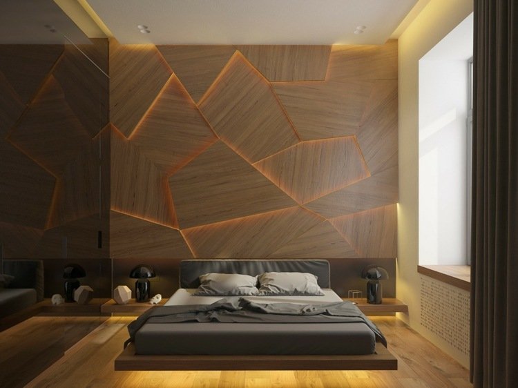väggdekoration-trä-abstrakt-trä-panel-belysning-högglans-svart