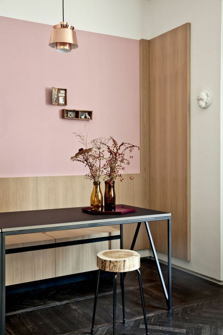 skymning rosa vägg färg matplats träpanel ljusa matbord metall industriella