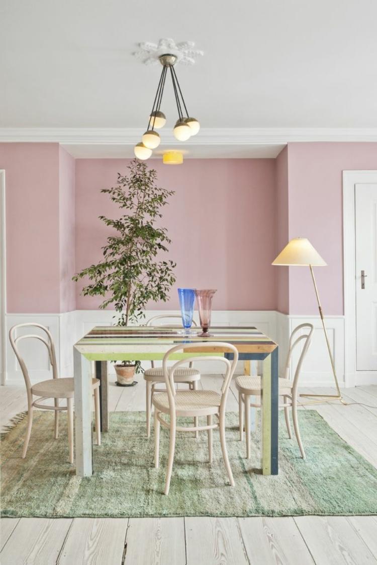 väggfärg mörk mörk rosa matsal möbler mintgrön matta golvlampa