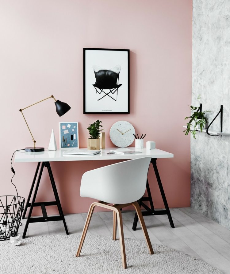 skymning rosa väggfärg kontorsinredning industriella svartvita möbler eames