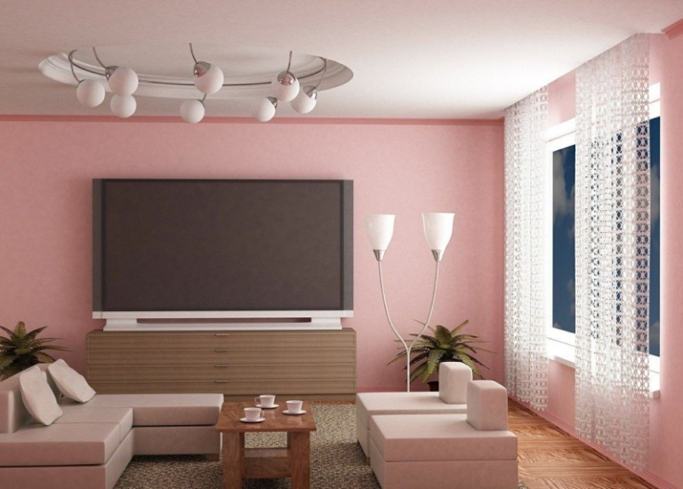 väggfärg skumrosa vardagsrum modern minimalistisk vit möbelskänk