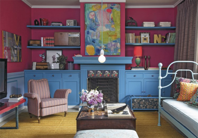 väggfärg bär blå mantelpiece vägghylla litet vardagsrum