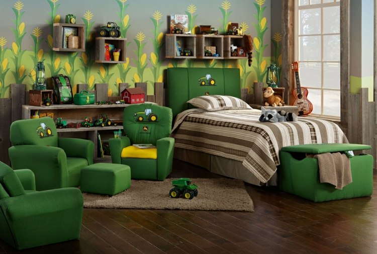 väggfärg för barnrum lekfull design gröna möbler sänglinne beige matta