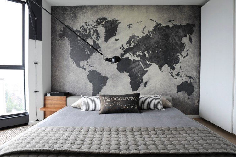 vägg-design-grå-sovrum-världskarta-deco-basic-stil