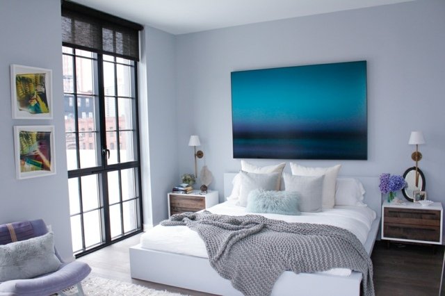 Väggar blå målning modern inredning sovrum