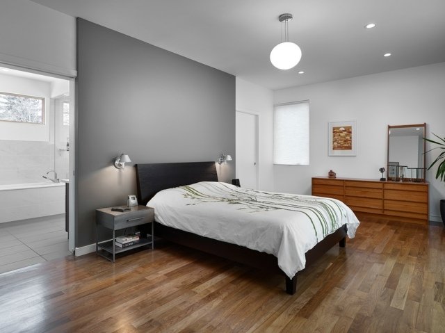 minimalistiskt sovrum partition grå badrum