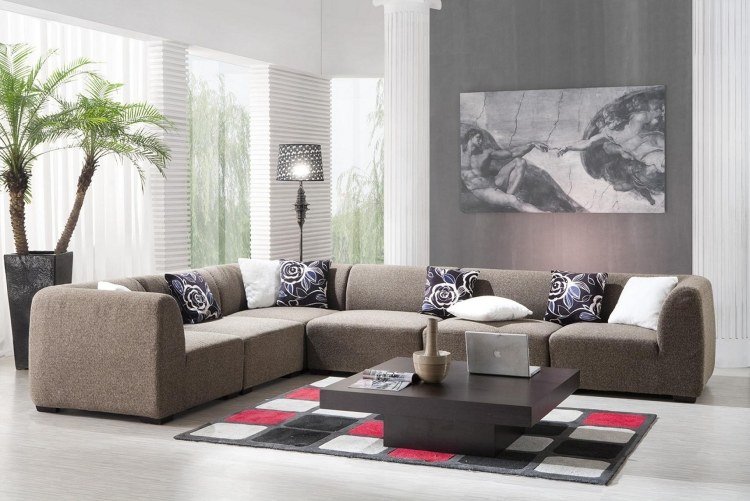 Väggfärg grå-kombinationer-vit-bild-hörnsoffa-soffbord-matta-dynor