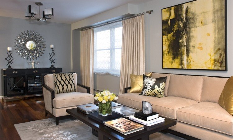 vägg-färg-grå-kombinationer-gul-vardagsrum-pastell-färg-bild-