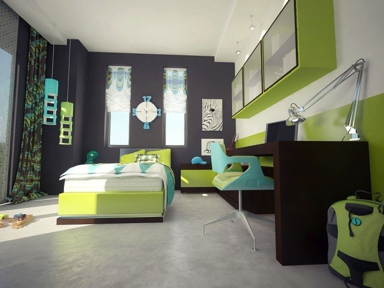 vägg-färg-grå-kombinationer-grön-barnrum-säng-skrivbord-dekoration-modern
