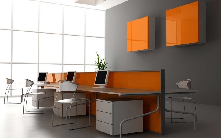 vägg-färg-grå-kombinationer-orange-kontors-arbetsplatser-stolar-skiljevägg