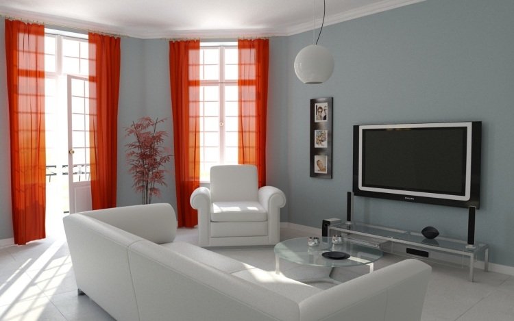 vägg-färg-grå-kombinationer-röda-gardiner-vit-soffa-fåtölj-tv-platt