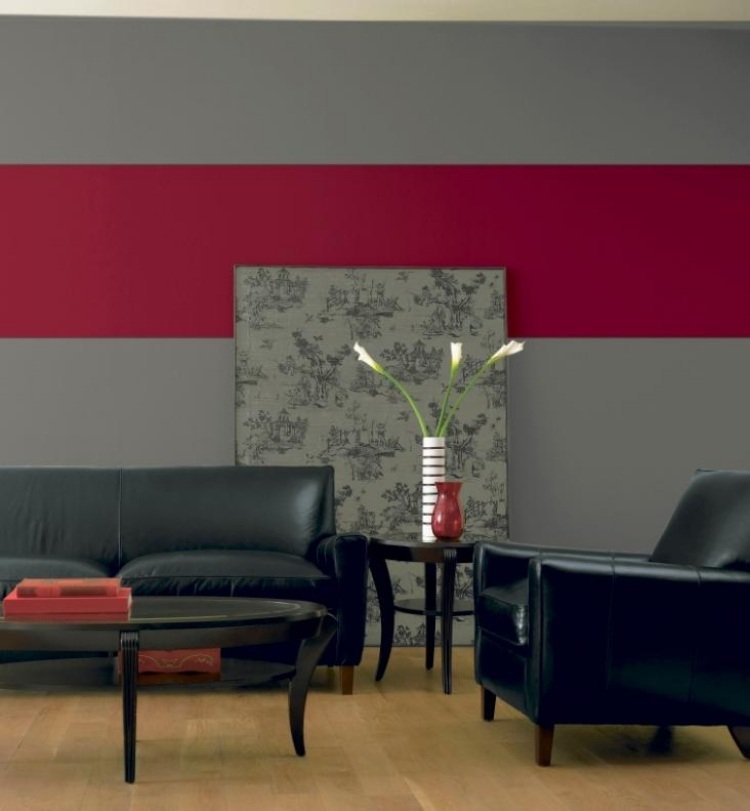 vägg-färg-grå-kombinationer-röd-svart-läder-soffa-fåtölj-trägolv