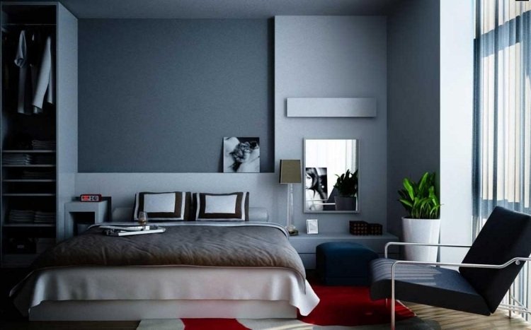 vägg-färg-grå-kombinationer-sovrum-fåtölj-matta-röd-gardin-kuddar