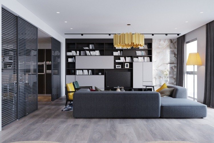 vägg färg-grå-kombinationer-senap gul-laminat golv-hörn soffa-lampskärm-modern
