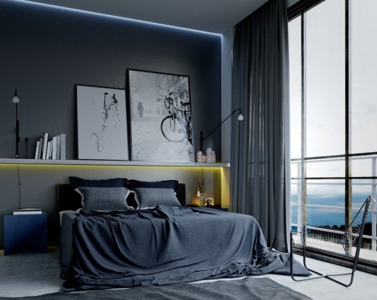 vägg-färg-grå-kombinationer-sovrum-indirekt-belysning-gul-fönster-vägg-modern