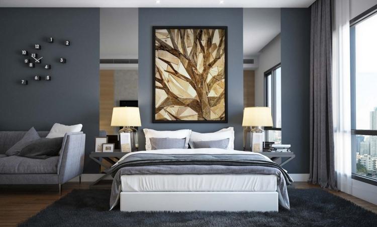 Väggfärg grå-kombinationer-brun-bild-trägolv-sovrum-fönster-vägg-nattlampa-matta
