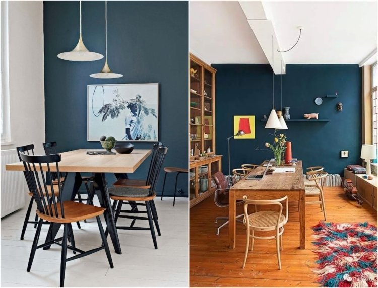 vägg-färg-bensin-blå-matsal-trä-matbord-vit-taklampor