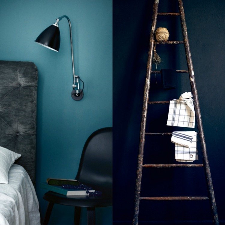 vägg-färg-bensin-blå-sovrum-svart-sänggavel-stol-vägglampa