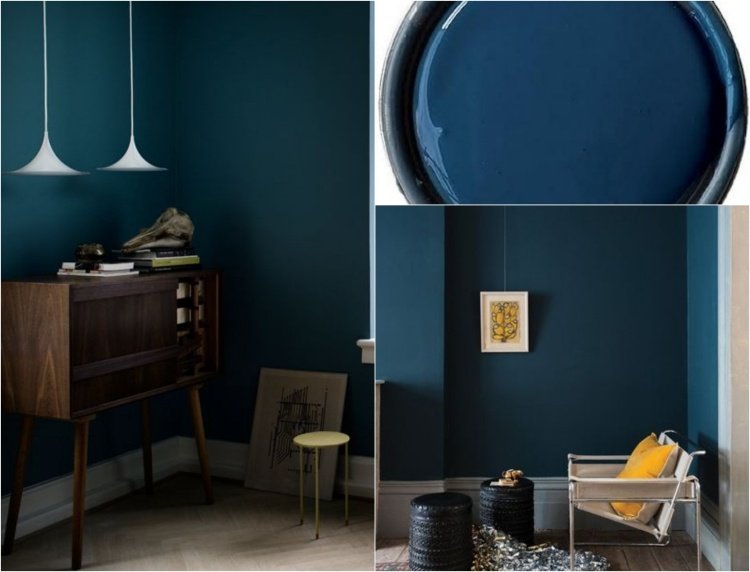 vägg-färg-bensin-blå-möbler-mörkt trä