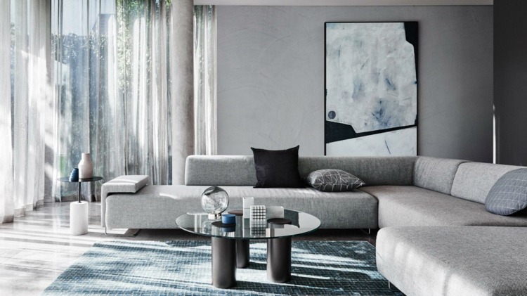 vägg-färg-trender-soffbord-vardagsrum-soffa-kuddar-grå-gardiner-konstruktion
