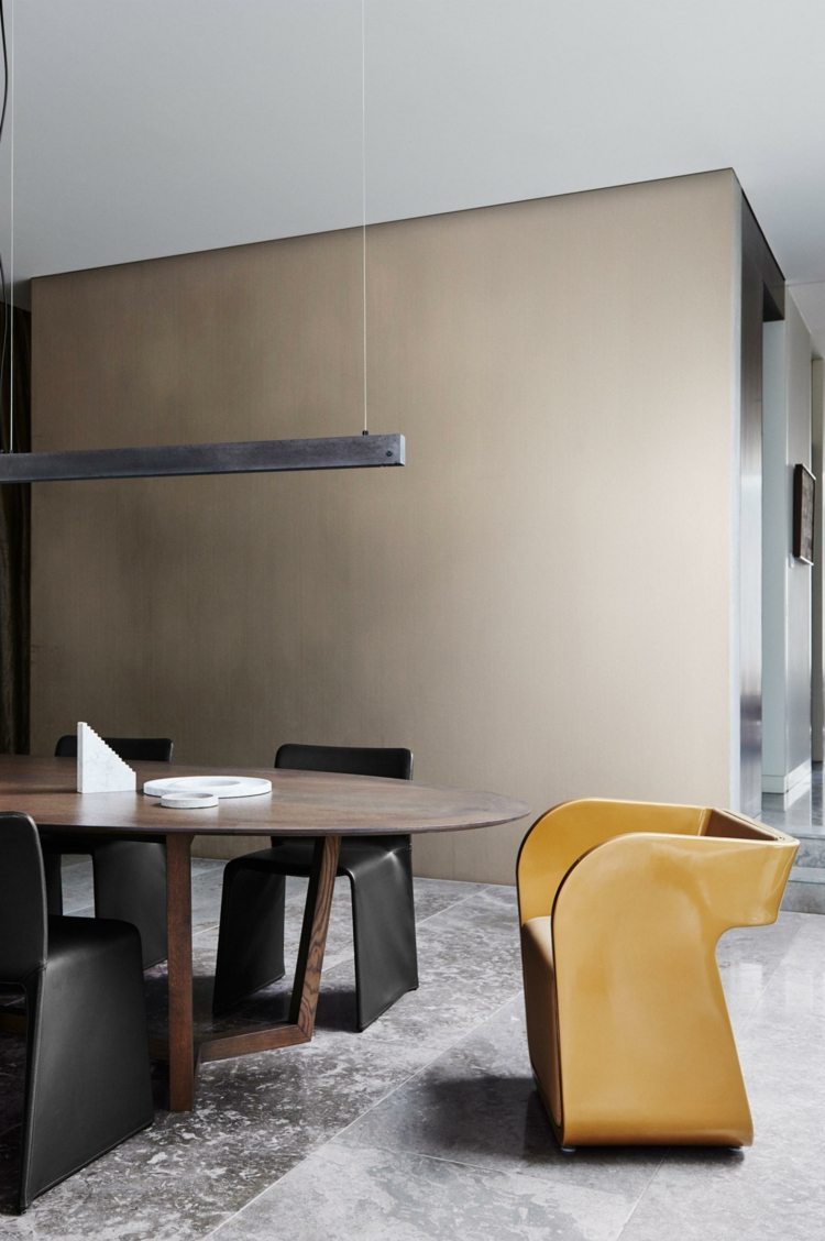 vägg-färg-trender-matplats-brun-senap-trä-stolar-bord-bild-konstruktion