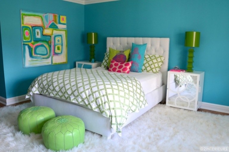 Väggfärg-turkos-ungdomsrum-modern-grön-shaggy-matta
