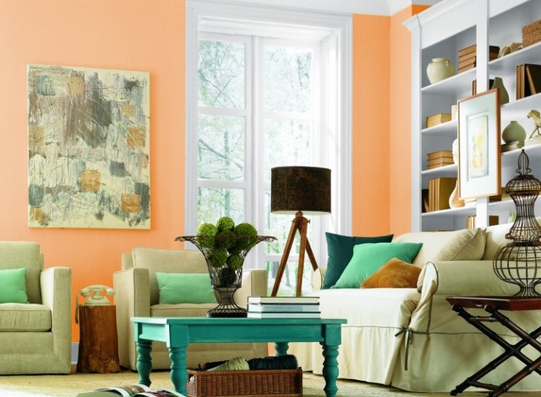 Väggfärger för vardagsrummet-persika färg-idéer-blå-vägg hylla