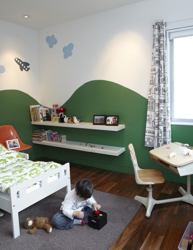 vägg-färger-idéer-barnrum-vågig-grön-kantmålning