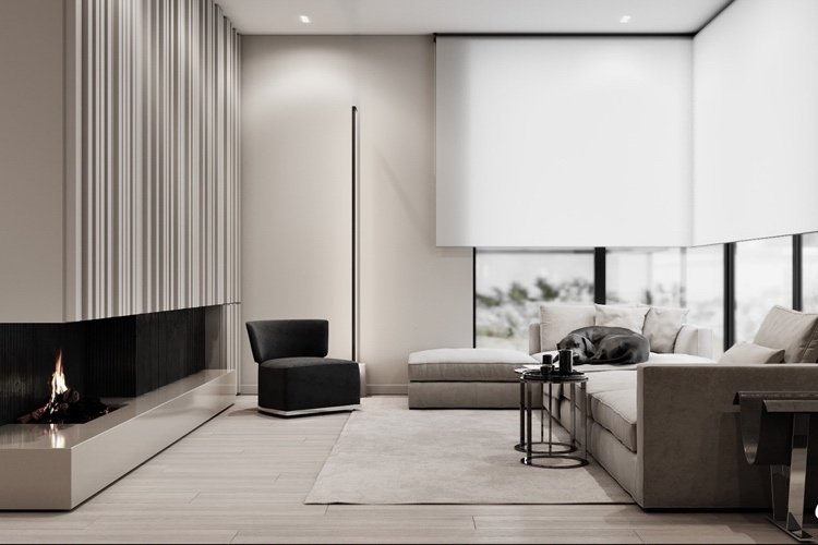 Väggfärg grå-beige innebär att designa greige på ett modernt sätt i vardagsrummet
