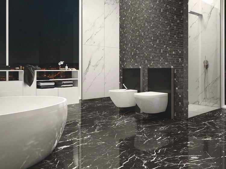 väggplattor-badrum-porslin stengods-marmor-effekt-svart-vitt
