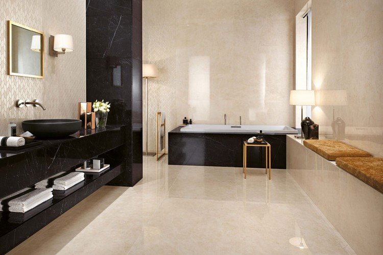 Väggplattor för badrummet modern-fin stengods-badrumsdesign-beige-svart