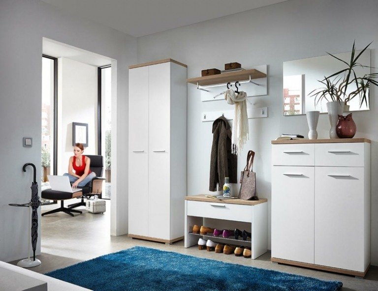 garderob design vita möbler sko rack blå matta interiör