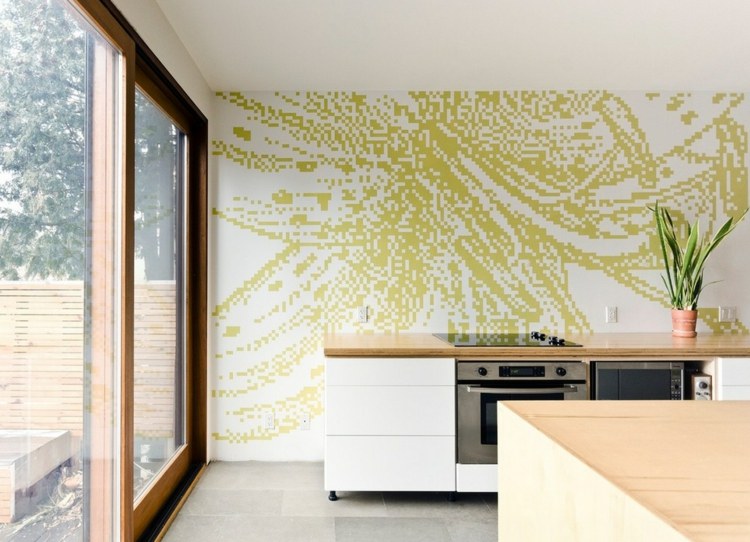 kök vägg design mosaik pixel design gul vit
