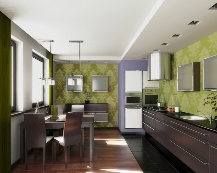 kök vägg design grön tapet mönster trä mörka möbler kakel svart