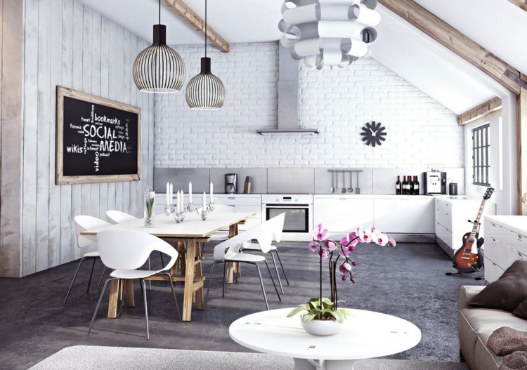 kök vägg design träskivor kakel vit design modernt matbord