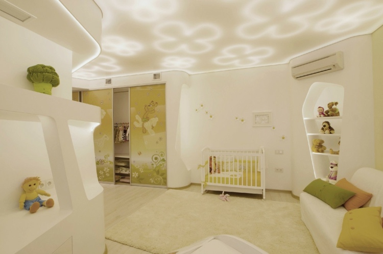 väggdesign barnrum inbyggd hyllbelysning vit grön inredning