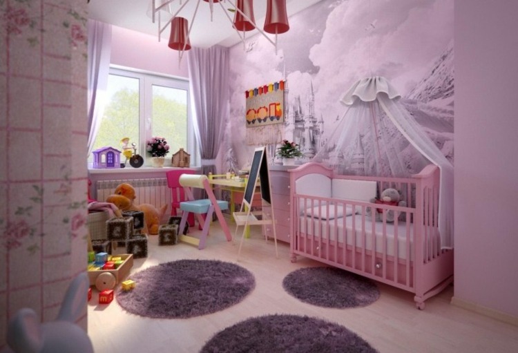 väggdesign baby rum fototapet slott rosa möbler himmelssäng
