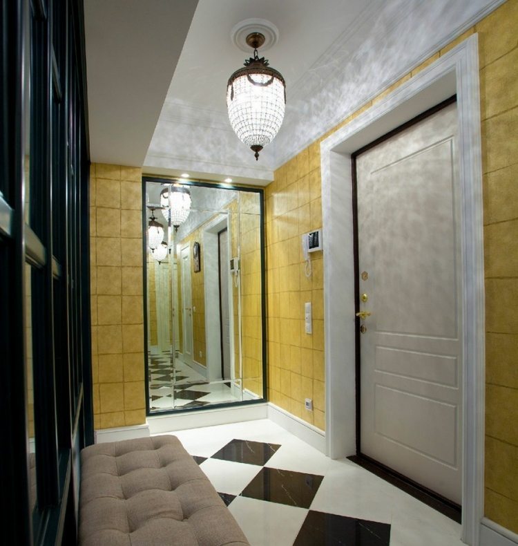 vägg-design-korridor-hall-entré-område-vägg-färg-gul-golv-blank-rutmönster