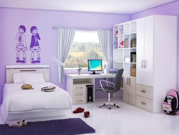 väggdesign-ungdomsrum-tjej-lila-säng-garderob-skrivbord-enkelt-funktionellt