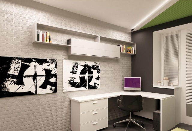 väggdesign-ungdomsrum-pojke-vit-tegel-vägg-hörn-skrivbord-led-tak