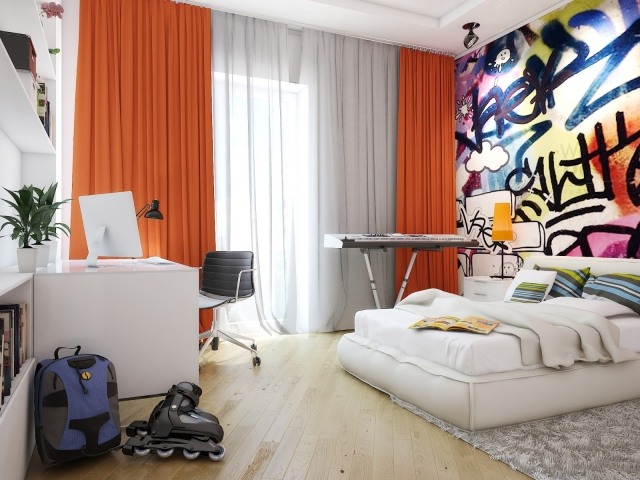 väggdesign-ungdomsrum-pojke-fototapet-grafitti-look-färgglada-vita-möbler