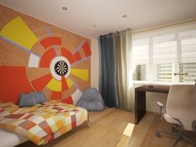 väggdesign-ungdomsrum-pojke-dart-kork-vägg-orange-gul