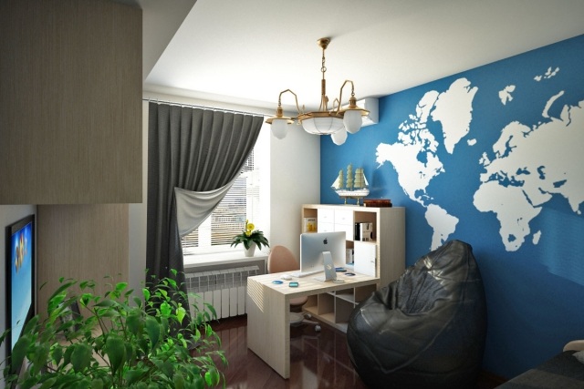 vägg-design-ungdoms-rum-pojke-blå-vägg-färg-stencil-världskarta